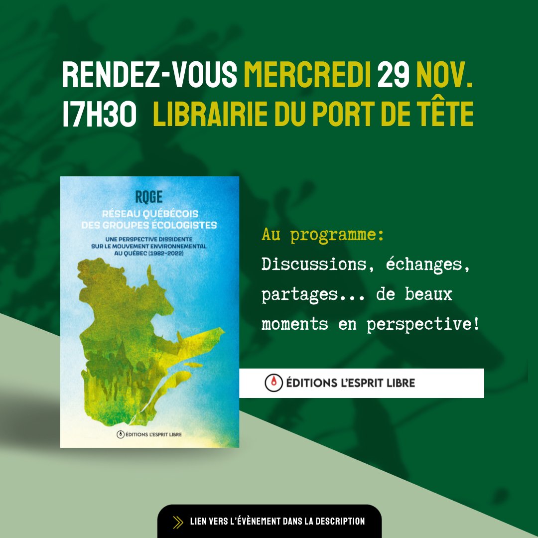 Quarante ans d’histoire écologiste captivante!  Rejoignez-nous au lancement du livre du RQGE mercredi prochain à la Librairie le Port de tête.  📷
@revuelespritlibre
@leportdetete
facebook.com/events/3198505…
#RQGE #LancementLivre #revuelespritlibre