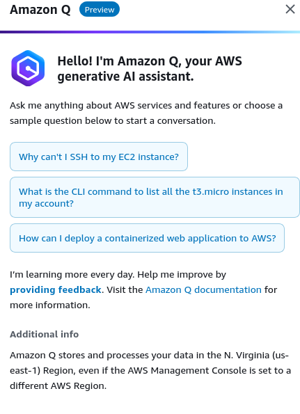 project0de's tweet photo. Just spotted a generative AI assistent in one of m #aws accounts @awscloud. I am curious what the official release will tell us today! https://t.co/ZZThYXPomN