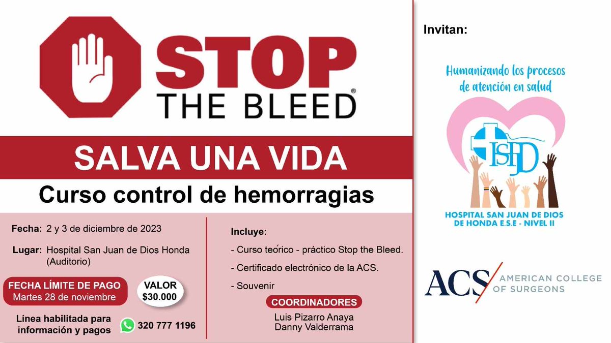 ¨Stop the bleed, save a life". (Paren el sangrado, salva una vida) Taller teórico - práctico, dirigido a los profesionales de la salud a saber: Médicos y jefes de enfermería que trabajan en la áreas de Urgencias, Cirugía, Traumatología y UCI. 
🩹 #sangrado #HondaTolima #urgencias