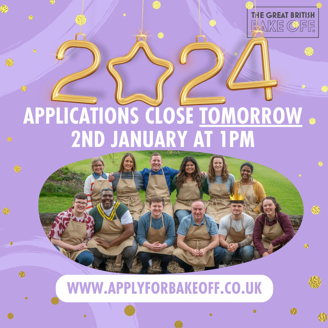 Make your New Years Resolution to try new things and go for gold on The Great British Bake Off 2024! 🏅✨

Apply now for Series 15 of The Great British Bake Off. Head to applyforbakeoff.co.uk #GBBO #APPLYFORBAKEOFF