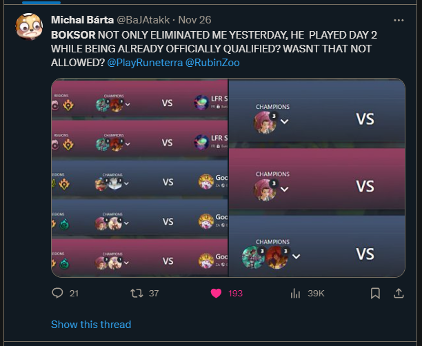 AikadoLoR's tweet photo. Frustrating part about the Boksor situation is that this is literally AS OBVIOUS and AS OPEN AND SHUT as it's ever possible to be. 2 accts: same name, same UNIQUE decks, playing on same device, play their runs back to back, 2nd acct has single digit non-tourney games in 2 mo 🧵 https://t.co/vePe1qEPzf