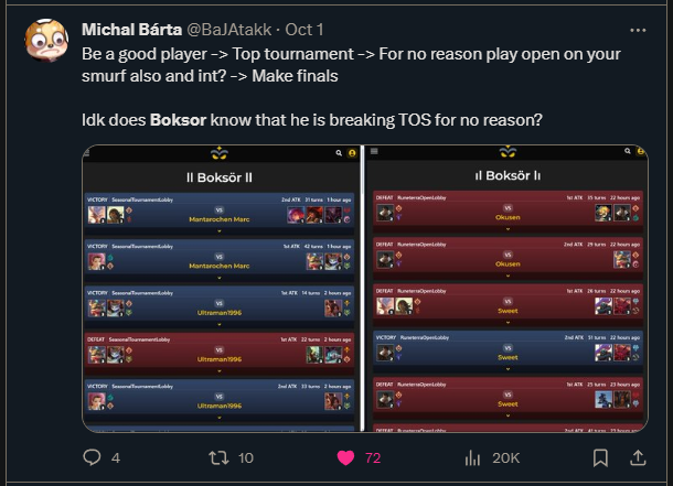 AikadoLoR's tweet photo. Frustrating part about the Boksor situation is that this is literally AS OBVIOUS and AS OPEN AND SHUT as it's ever possible to be. 2 accts: same name, same UNIQUE decks, playing on same device, play their runs back to back, 2nd acct has single digit non-tourney games in 2 mo 🧵 https://t.co/vePe1qEPzf