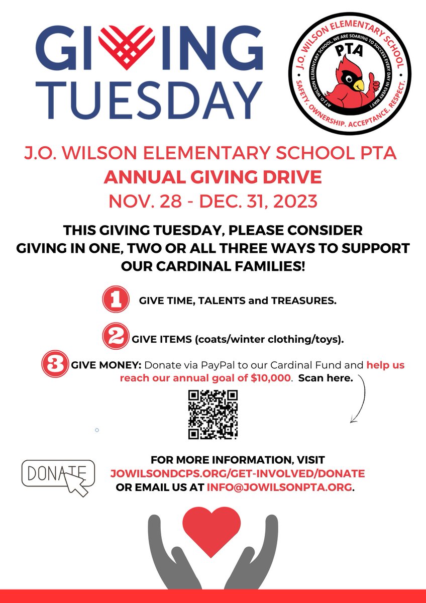 J.O. Wilson PTA (@jowpta) on Twitter photo This #GivingTuesday, we invite you and your network to help the <a href="/JOWilsonDC/">J.O. Wilson ES</a> Cardinals SOAR! Will you help us meet our fundraising goal of $10,000 by year’s end? To donate via PayPal, go to tinyurl.com/JOWPTADonation. This #GivingTuesday, we invite you and your network to help the <a href="/JOWilsonDC/">J.O. Wilson ES</a> Cardinals SOAR! Will you help us meet our fundraising goal of $10,000 by year’s end? To donate via PayPal, go to tinyurl.com/JOWPTADonation.