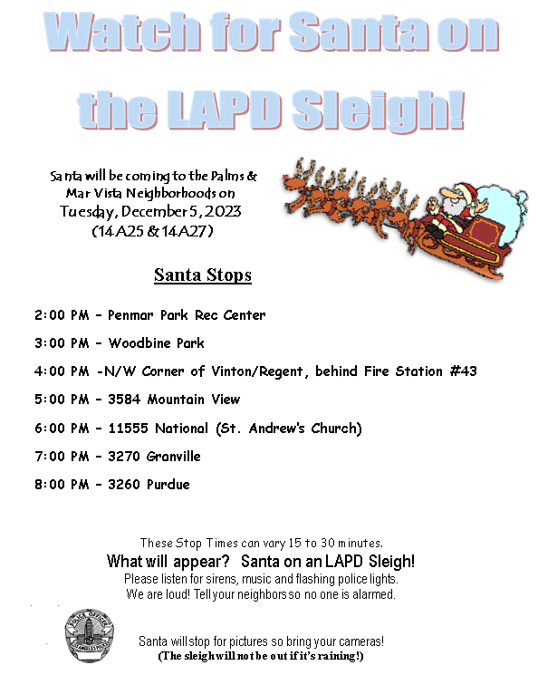 LAPDPacific's tweet photo. π
π»ππ Santa and LAPD are coming to your neighborhood! Join us for photos, and candy cane. Scroll through images for dates, times and locations. Happy Holidays! πππ
#LAPDPacific #SantaSleigh #SantaClaus https://t.co/fJsJmfa9gN
