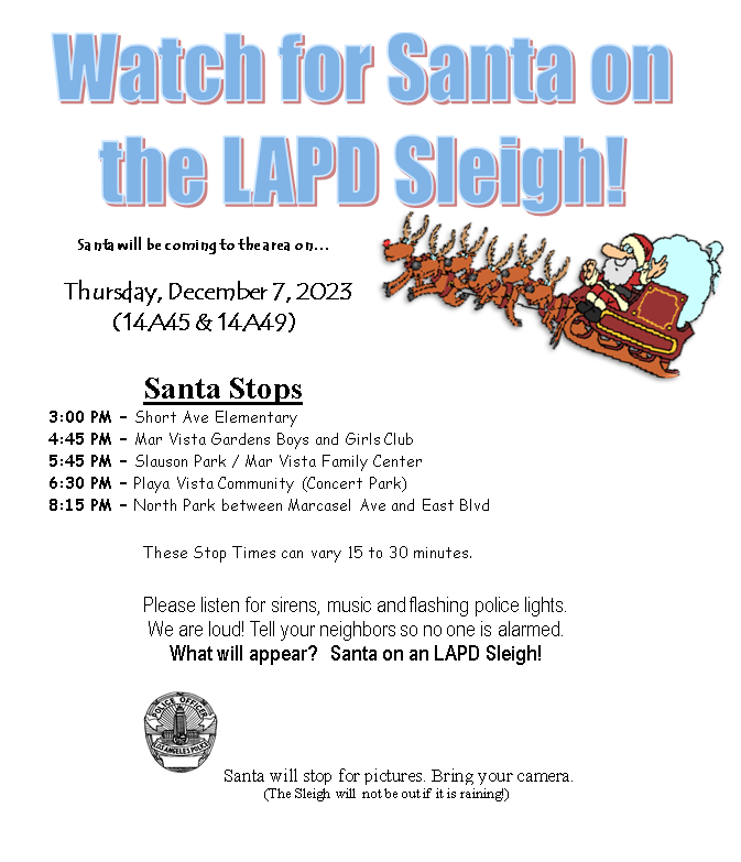 LAPDPacific's tweet photo. π
π»ππ Santa and LAPD are coming to your neighborhood! Join us for photos, and candy cane. Scroll through images for dates, times and locations. Happy Holidays! πππ
#LAPDPacific #SantaSleigh #SantaClaus https://t.co/fJsJmfa9gN