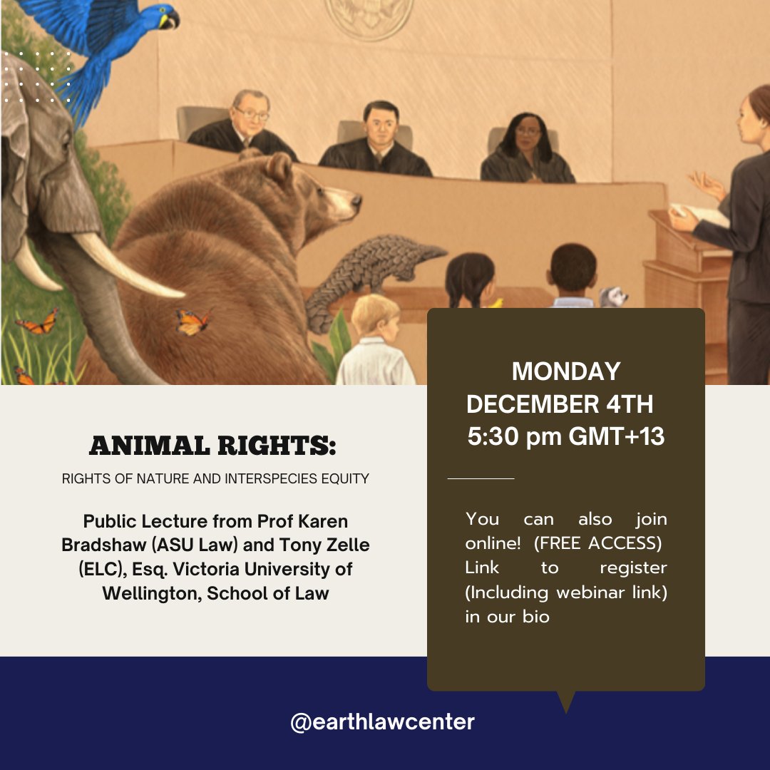Deepen your awareness! Join us in person at Victoria University of Wellington or online to explore Earth laws valuing animals. Learn about progressive approaches and real examples for greater rights. 🌎 #AnimalRights #EarthLaws #JoinTheConversation