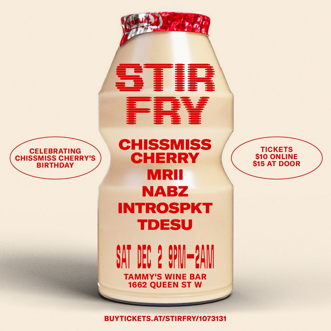 This Saturday, December 2nd we are back for our last Stir Fry of 2023. Pull up and celebrate the birthday of <a href="/chissmisscherry/">cherry</a>. We got Stir Fry’s <a href="/_tdesu/">Tdesu</a> and <a href="/Introspkt/">Vibe Librarian</a> starting out the night so pull up early! 
Also have special guests Nabz &amp; Mrii. tickettailor.com/events/stirfry…