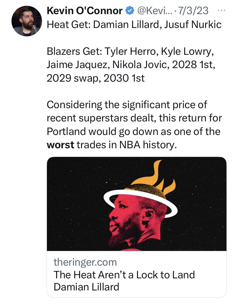 dru_star's tweet image. KOC on 07/03/23: “Herro, Lowry, Jaquez, Jovic, ‘28 &amp;amp; ‘30 firsts &amp;amp; ‘29 swap would go down as one of the worst trades in NBA history”

KOC on 11/27/03: “It’s becoming easier to see why the Heat were unwilling to include Jaime Jaquez in their proposed trade package for Dame Lillard”