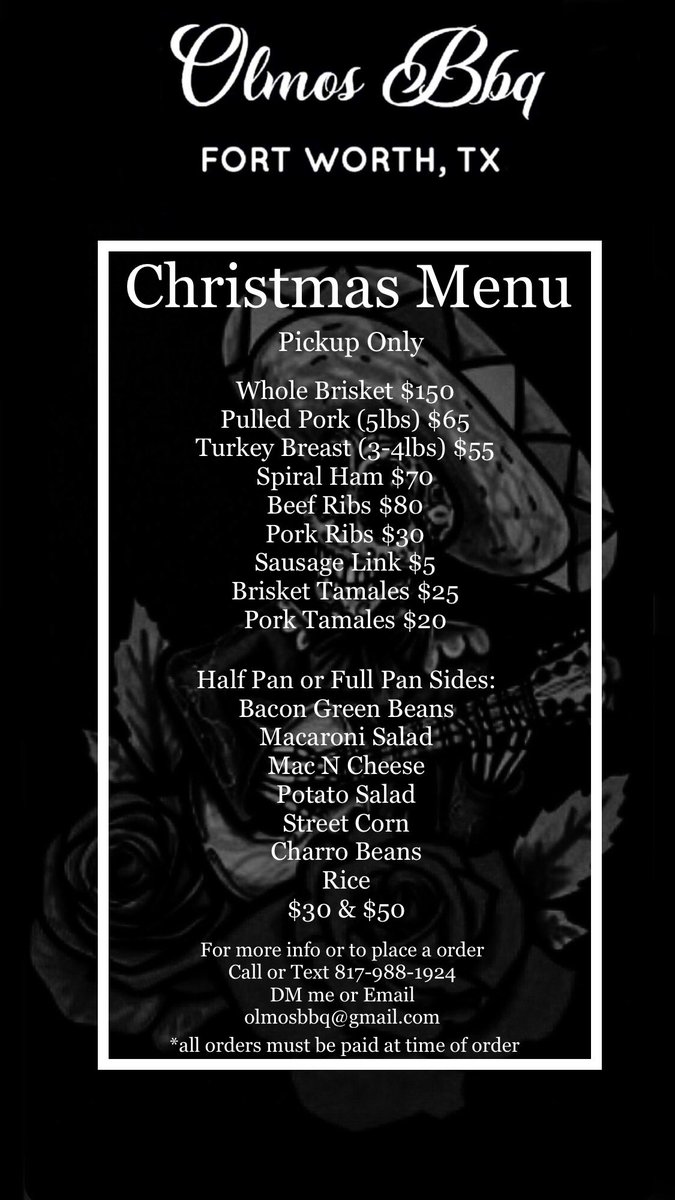 johnpgovea's tweet photo. Christmas is less than 4 weeks away. Don’t wait until it’s too late, I don’t like turning customers away. All orders are prepay at time of order. Pickup only, all orders will close on December 15th #FortWorth #TxBbq #EatLocal #817 https://t.co/XoqB8Y7LkR
