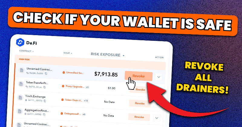 DeFi's tweet photo. 🚨 Did you know that statistically 90%+ wallets are poisoned with wallet drainers?

For example, reportedly in 2023, there was $10M lost due to such drainers.

The good news?

We developed a tool that can scan your wallet &amp; notify you if it is poisoned by any risky approvals 👇