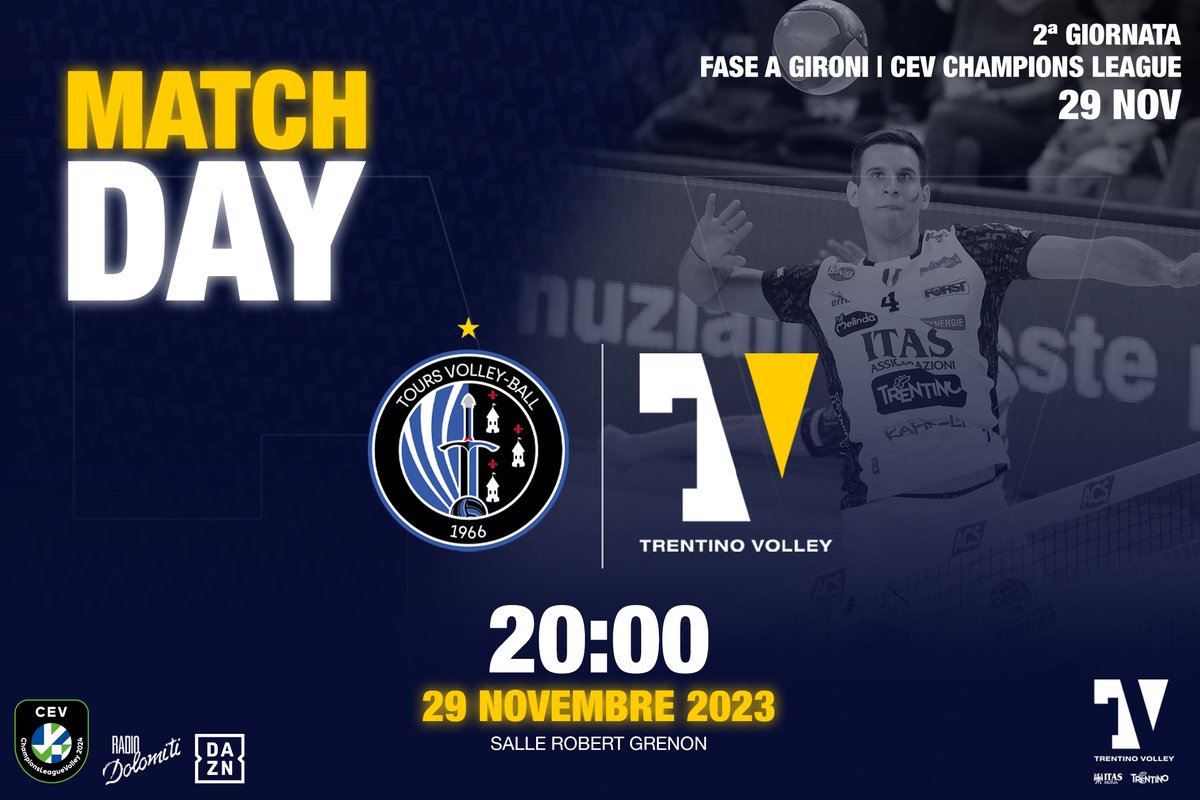 trentinovolley's tweet photo. SCONTRO AL VERTICE ANCHE IN CAMPO EUROPEO!
📅 2024 CEV Champions League, Pool B - 2° turno
🏟 #SalleRobertGrenon, #Tours (#Francia)
⏲️ 20.00
➖
#TOURSVB 🆚 #TRENTINOITAS
➖
💻 #DAZN #RadioDolomiti
📲 @trentinovolley
#⃣ #CLVolleyM
#⃣ #trentinonelcuore https://t.co/eR2AgR5xMq