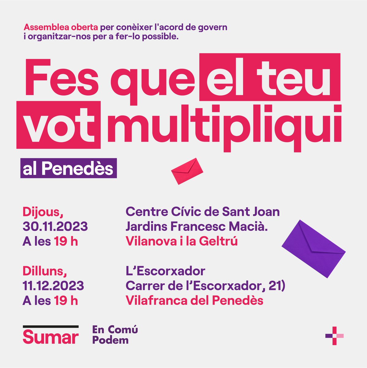 SomComuns's tweet photo. ✍️Si ets del Maresme, del Penedès o del Bages treu l'agenda!

Aquesta setmana ens veurem per dialogar i debatre sobre l'acord de govern de coalició progressista👇

📅30/11 a📍Vilanova i la Geltrú a les ⏰19h
📅1/12 a📍Mataró a les ⏰19h
📅2/12 a📍Manresa a les ⏰11h

No hi faltis!