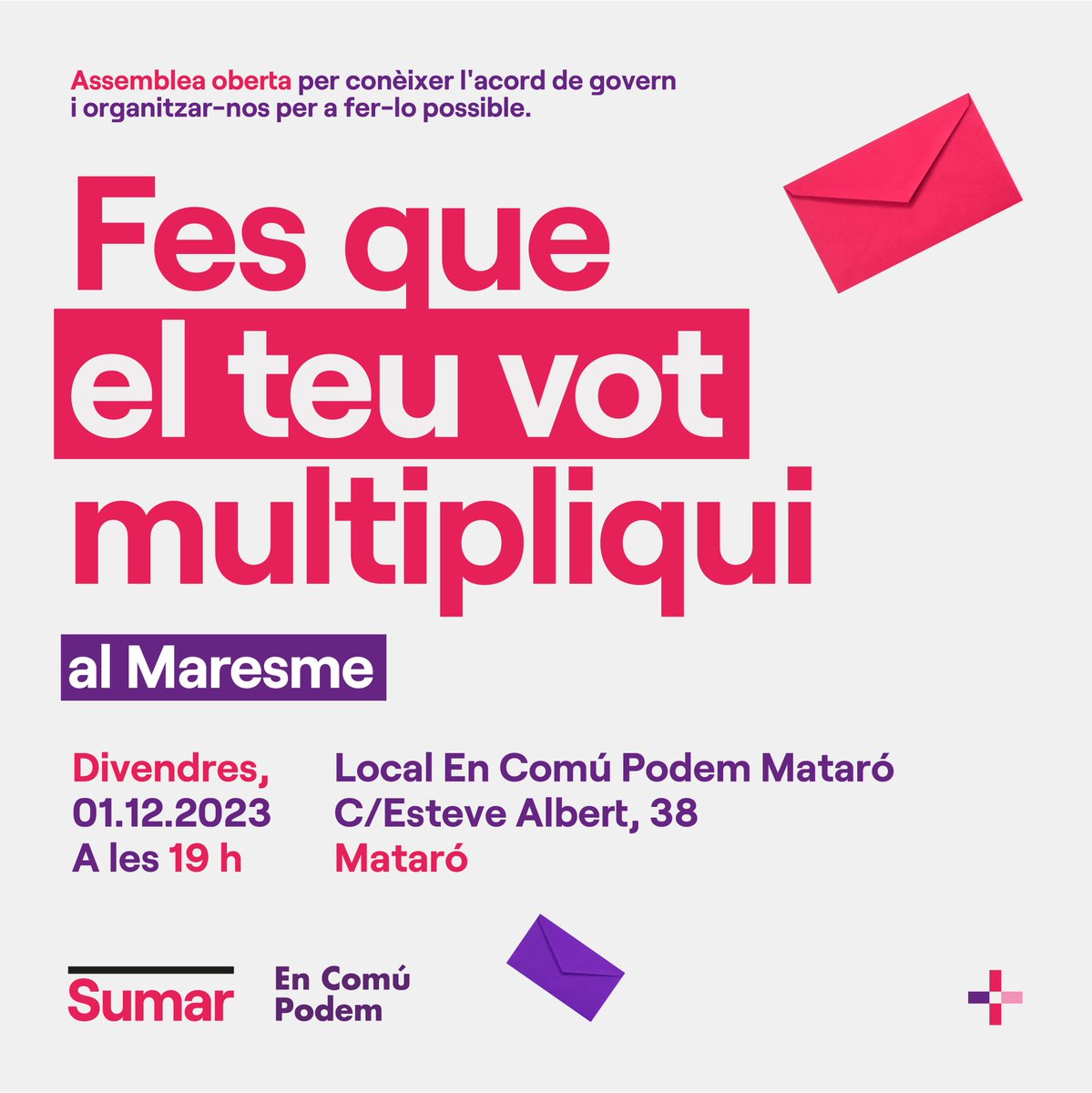 SomComuns's tweet photo. ✍️Si ets del Maresme, del Penedès o del Bages treu l'agenda!

Aquesta setmana ens veurem per dialogar i debatre sobre l'acord de govern de coalició progressista👇

📅30/11 a📍Vilanova i la Geltrú a les ⏰19h
📅1/12 a📍Mataró a les ⏰19h
📅2/12 a📍Manresa a les ⏰11h

No hi faltis!