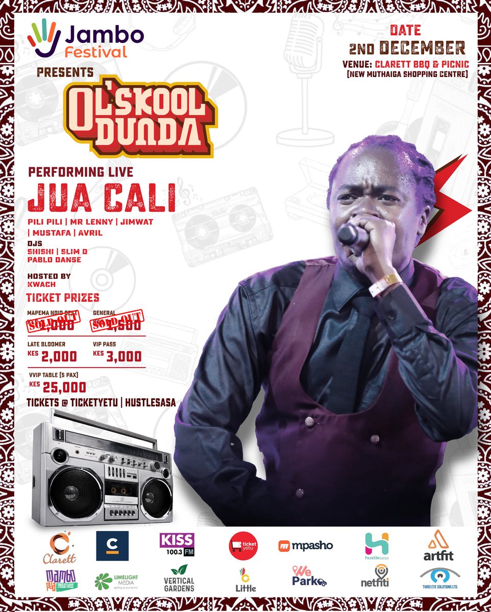 JambofestivalKe's tweet photo. @juacaligenge is set to bring the heat to @JambofestivalKe Oldskooldunda 🔥 Gather your squad and catch the iconic performance this Saturday. Get ready for a musical journey filled with nostalgia and high-energy beats! 🎤🎶 
#BabaYao 
#Juacali 
#JamboFestivals 
#OldschoolDunda https://t.co/tXXtEpSa1o