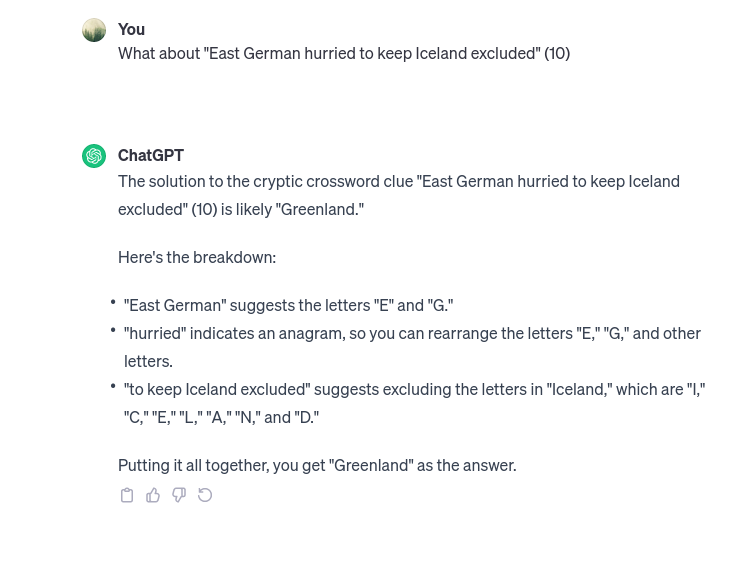 Pleased to see ChatGPT can't yet do cryptic crosswords