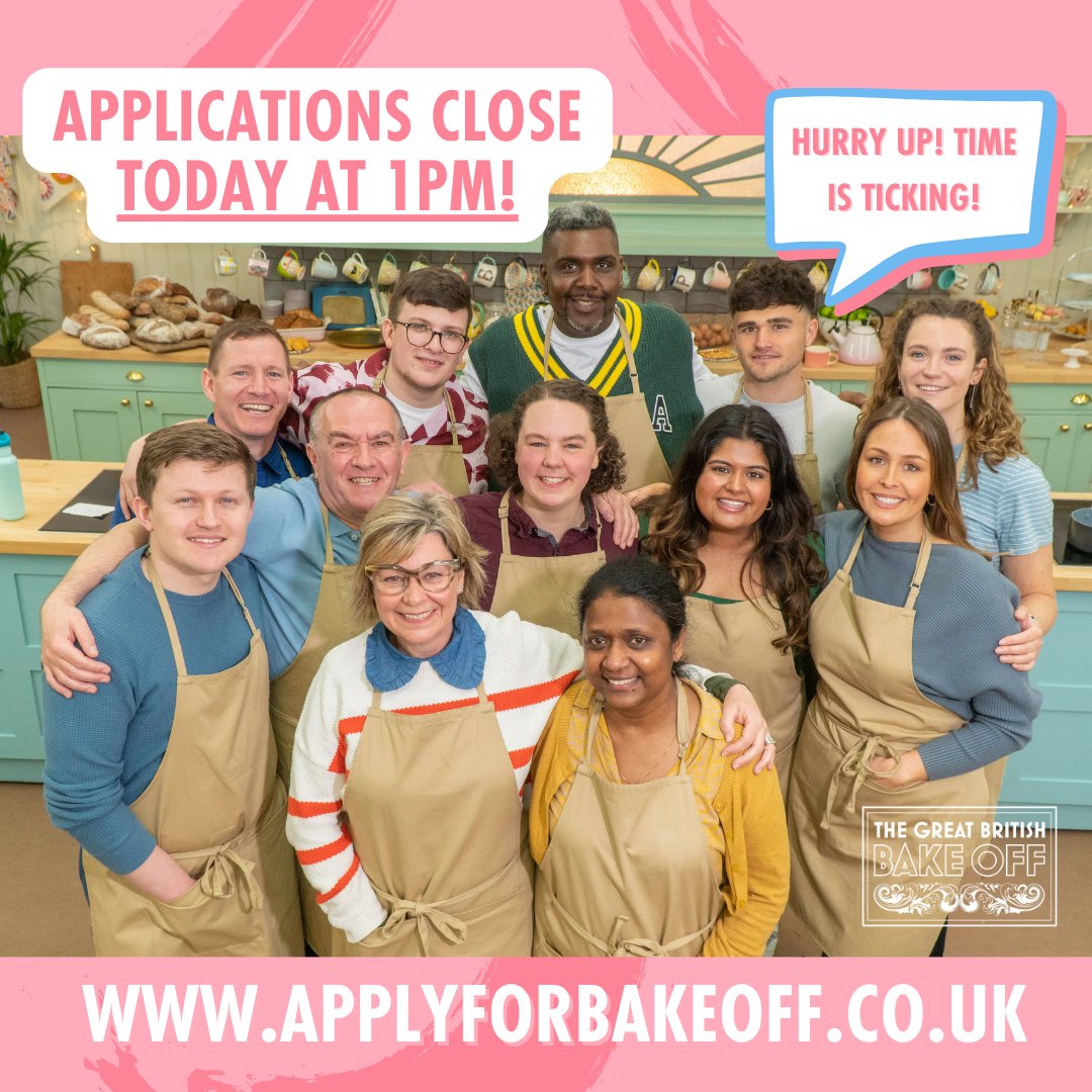 Time is Ticking! ⏳ This is your last chance to become part of the Series 15 Bake Off Family! You only have until 1pm today, so get that application in now! ⌛️

Apply now for Series 15 of The Great British Bake Off. Head to applyforbakeoff.co.uk #GBBO #APPLYFORBAKEOFF