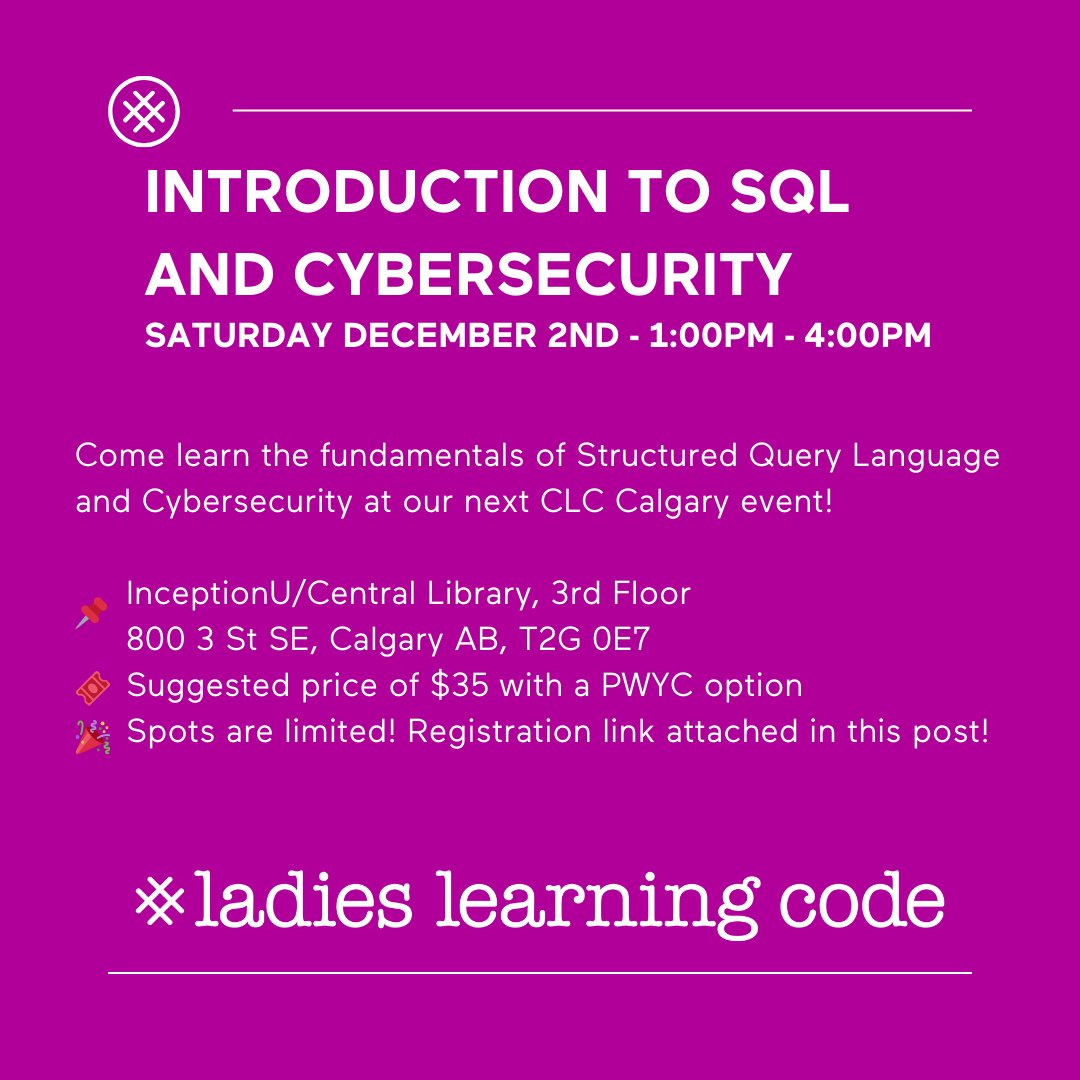 learningcodeyyc's tweet image. Hey Everyone! We are just a few days away from our upcoming workshop for @learningcode here in Calgary! Come learn some new skills, SQL and Cybersecurity!
Registration Link: eventbrite.ca/e/in-person-ll…
@_InceptionU