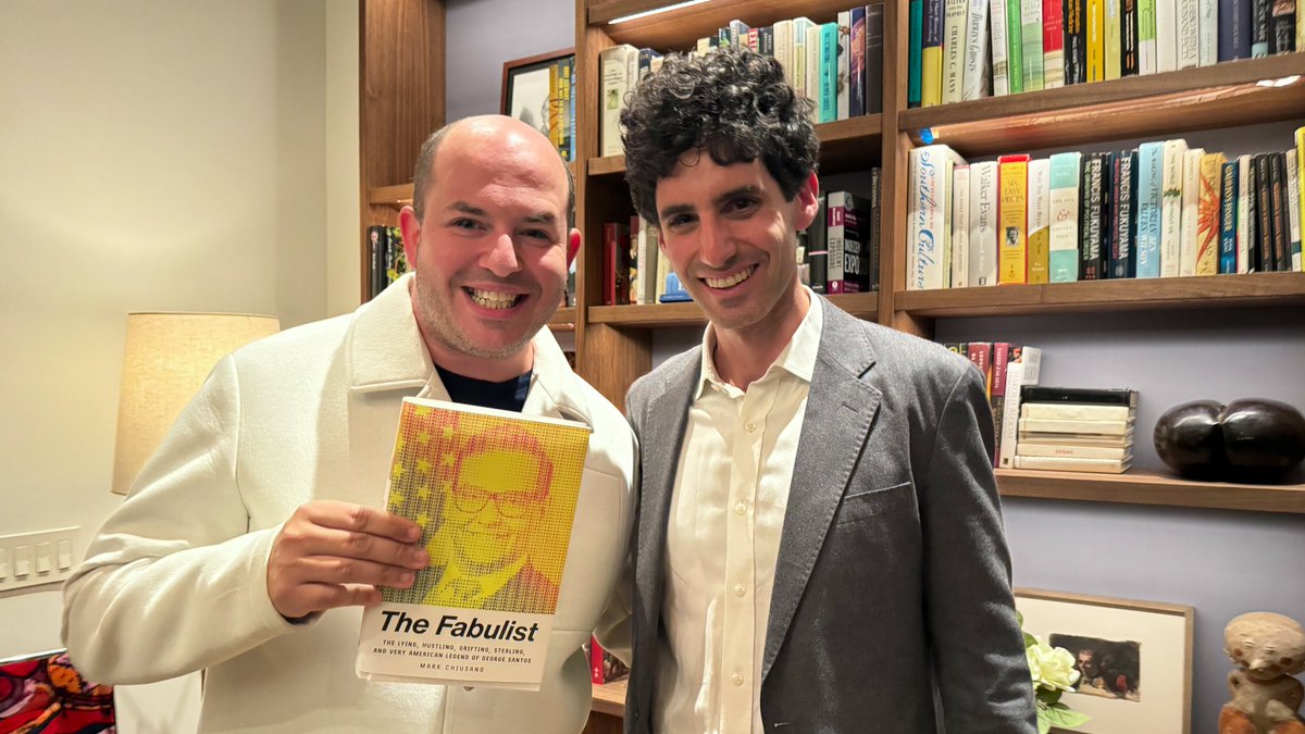brianstelter's tweet photo. Happy book pub day to @mjchiusano, author of "The Fabulist: The Lying, Hustling, Grifting, Stealing, and Very American Legend of George Santos" https://t.co/gmi1bXW7ll https://t.co/hjYghsUe8I