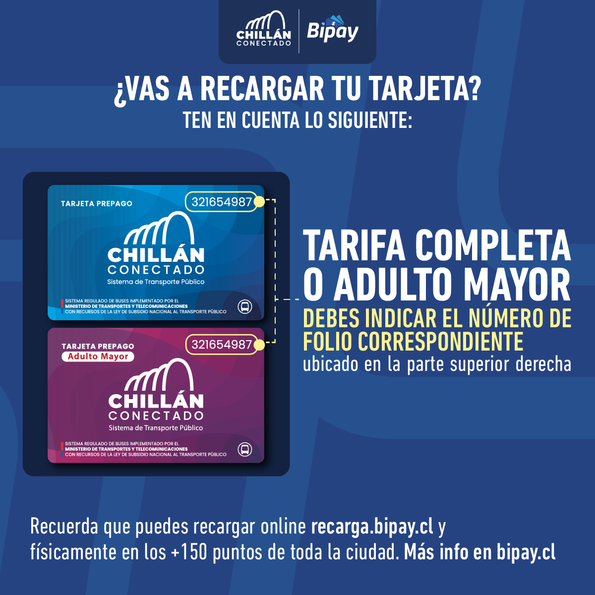 Bipaychile's tweet photo. ¡Usar tu Bipay es simple y recargarla también! Una vez que la compras queda activa inmediatamente y el sigte. paso es cargarla, proceso que puedes hacer de forma rápida online en https://t.co/7J42h8yO60 y también en los más de 150 puntos repartidos en Chillán. https://t.co/t70Dl04jNY