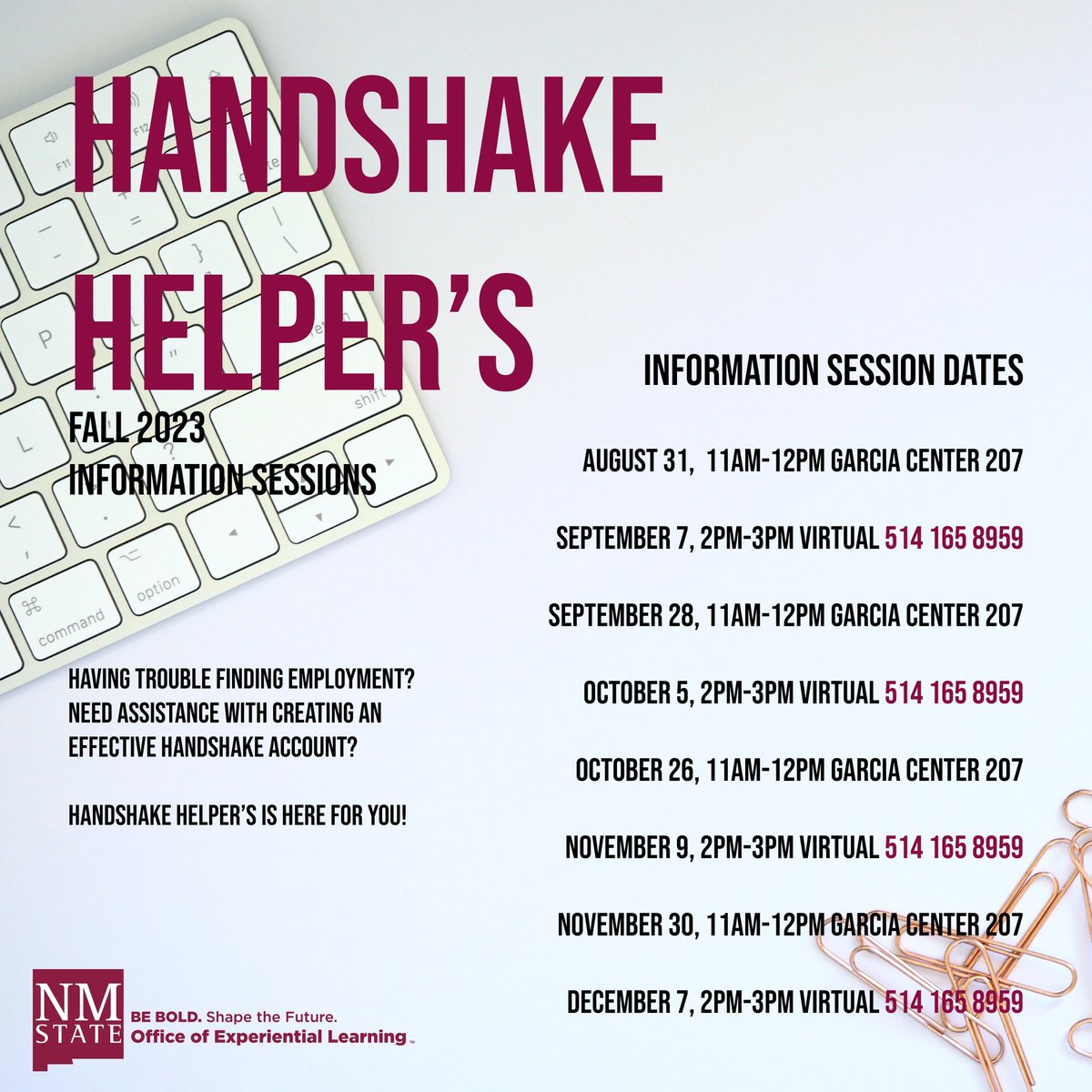 Join our Handshake Helper's session this Thursday from 11am-12pm at Garcia Center and become an expert on how to navigate Handshake!😉👍️

#HandshakeHelpers #NMSU #StudentResources #NMState #LosAggies #Aggies