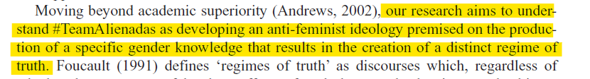 LtAgosta's tweet photo. 🔴🔴Atención, se vienen pajas mentales:
Nuestra investigación entiende el #TeamAlienadas como el desarrollo de una ideología antifeminista basada en producir conocimiento de "género" que resulte en la creación de un régimen de verdad.*
*Narrativa https://t.co/fubuLo4XL7