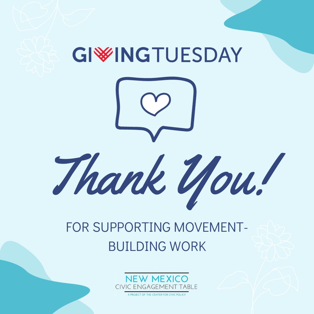 civicpolicy's tweet photo. The NM Civic Engagement Table is celebrating 15 years of movement building in NM this week! Learn more about the incredible work of our Table partners and donate this #GivingTuesday at https://t.co/GeKHx7Xi4C. https://t.co/Wvq3HIPQ6D