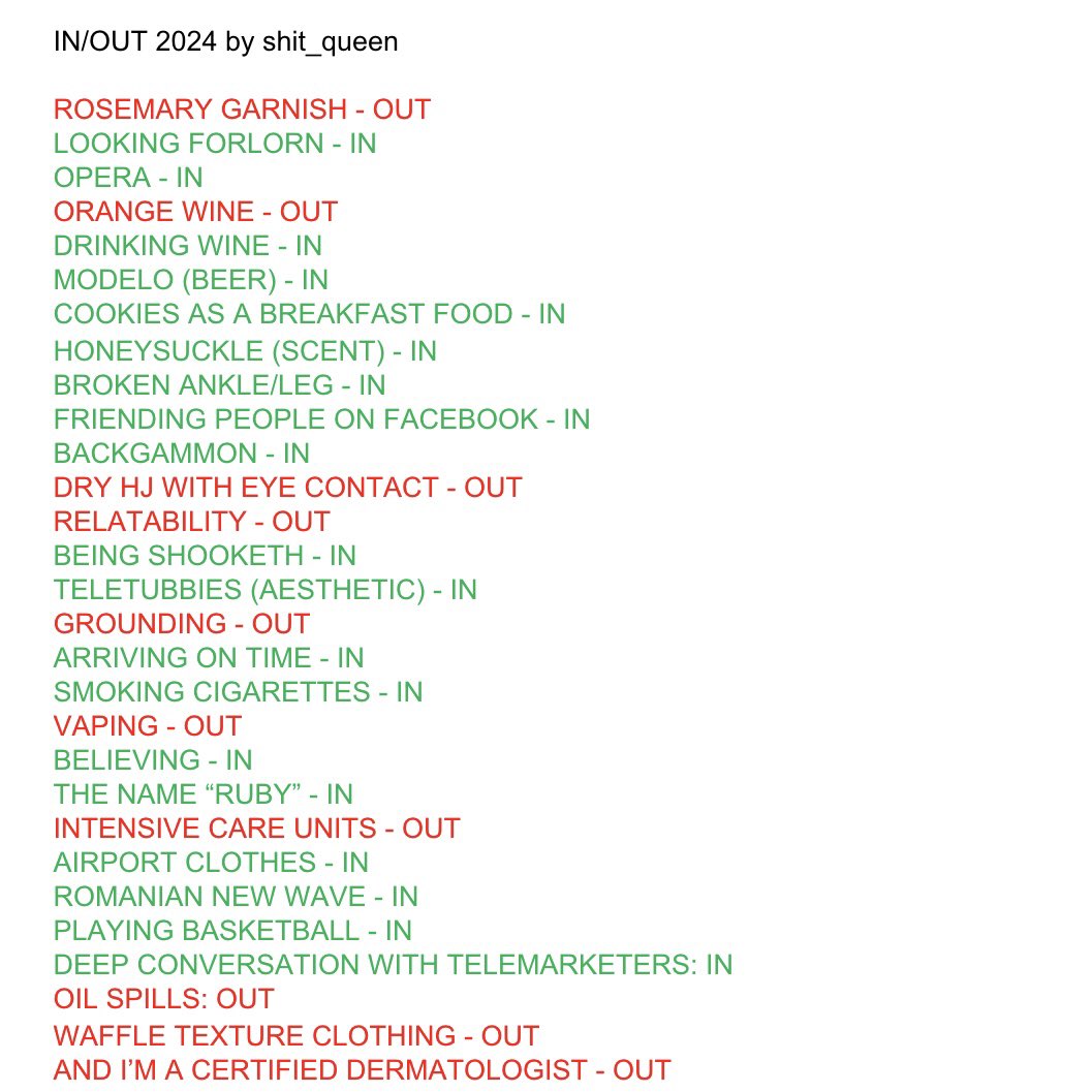 shit_queen's tweet photo. ⭐️ Greetings. The annual @shit_queen IN/OUT list celebrates its 8th anniversary with this new edition!!!! 

NEW for this year: SUCCULENTS are permanently out 🥳 

Share far and wide; see you in 2024! https://t.co/QmKEGVJf7k