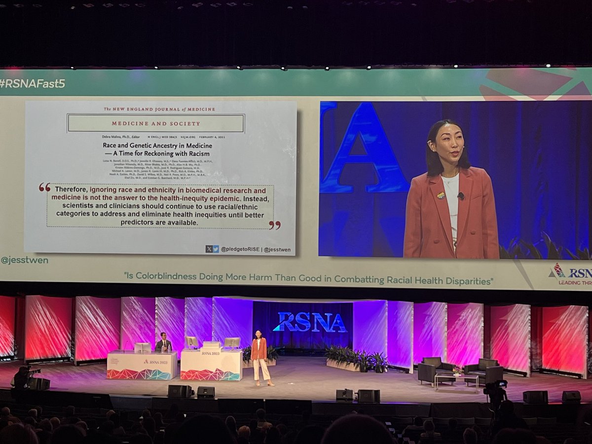 Why should you @pledgetoRISE? @JessTWen at #RSNAFast5 explains how color blindness can do more harm than good in combatting racial health disparities & what we, individually, can do about it. Breakdown your cohorts for race & ethnicity. Report the data you already have. #RSNA23