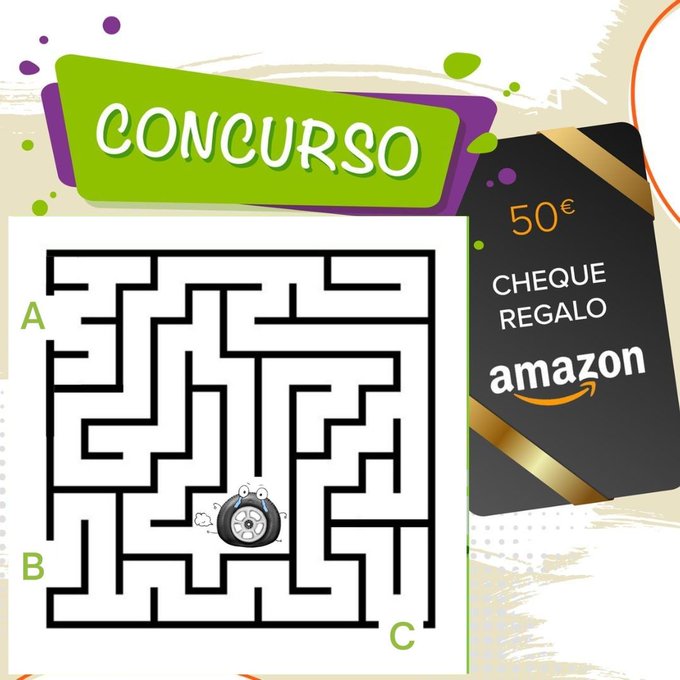 🔴CONCURSO 🔴 Ayuda al neumático a encontrar la salida del laberinto y llegar al centro de reciclaje.
👉A, B o C ¿Cuál es la salida correcta?
Haz retuit 🔃 en la publicación, responde correctamente y... ¡GANA 50€ en AMAZON!
Tienes hasta el 29 de noviembre para participar