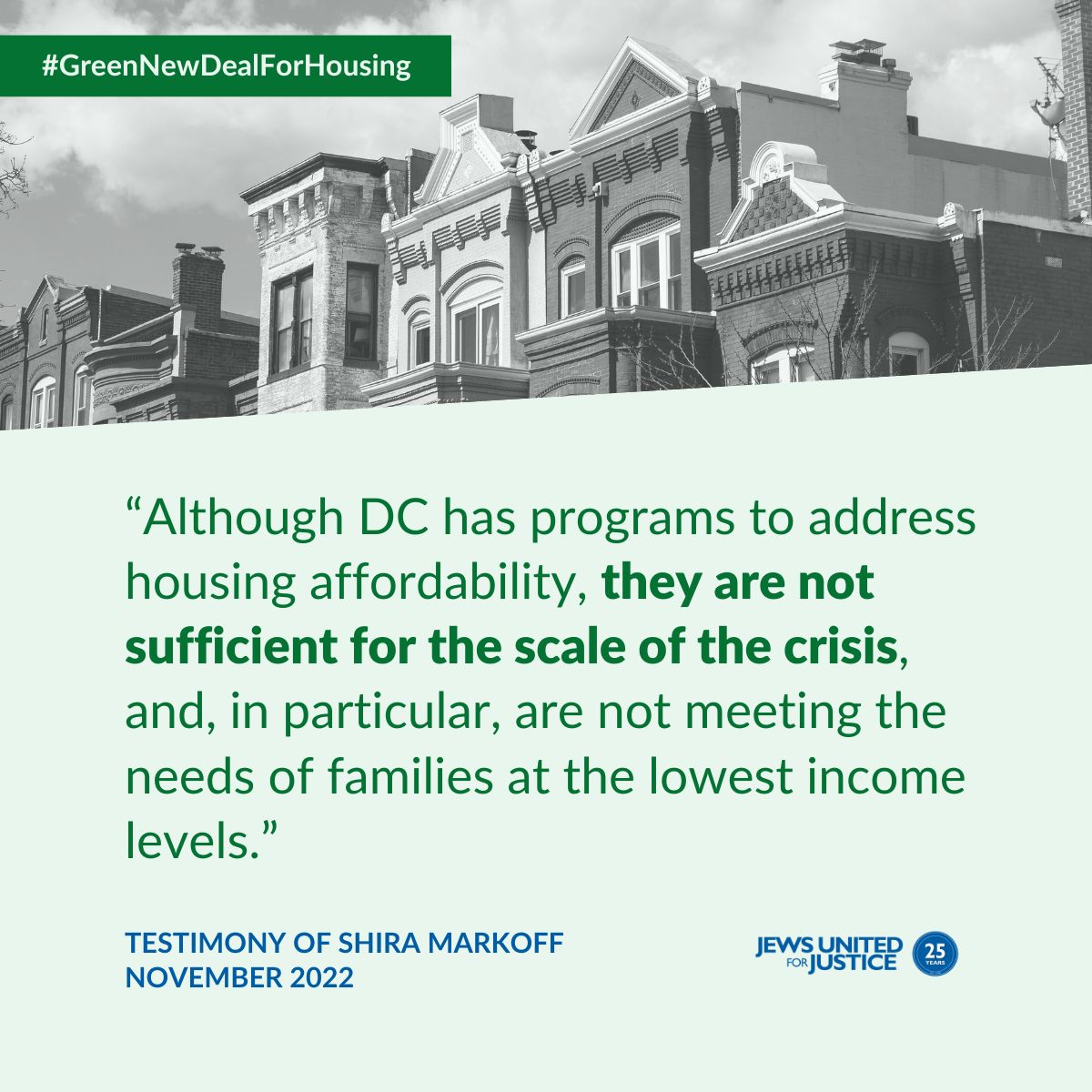 Several JUFJ leaders, including Shira M., testified in support of DC's #GreenNewDealForHousing at the last hearing on the bill. We're looking forward to the Council's follow-up hearing about this important legislation today at 1 PM. Watch: dccouncil.gov/room-500/