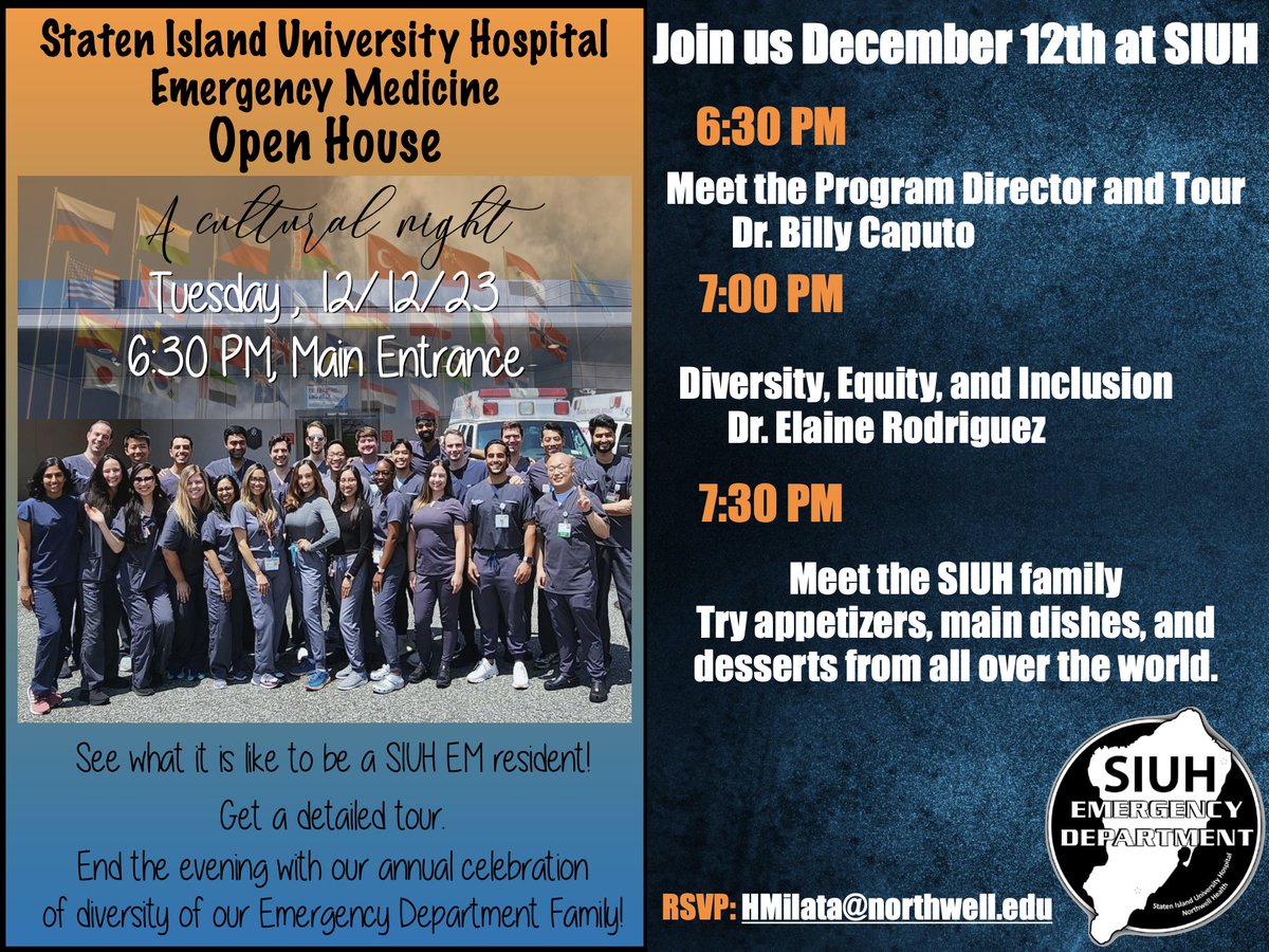 Opportunity for medical students to come see our EM program in a couple of weeks for a cultural night! Appetizers, Main Dishes, and Desserts made by the SIUH family from all over the world.