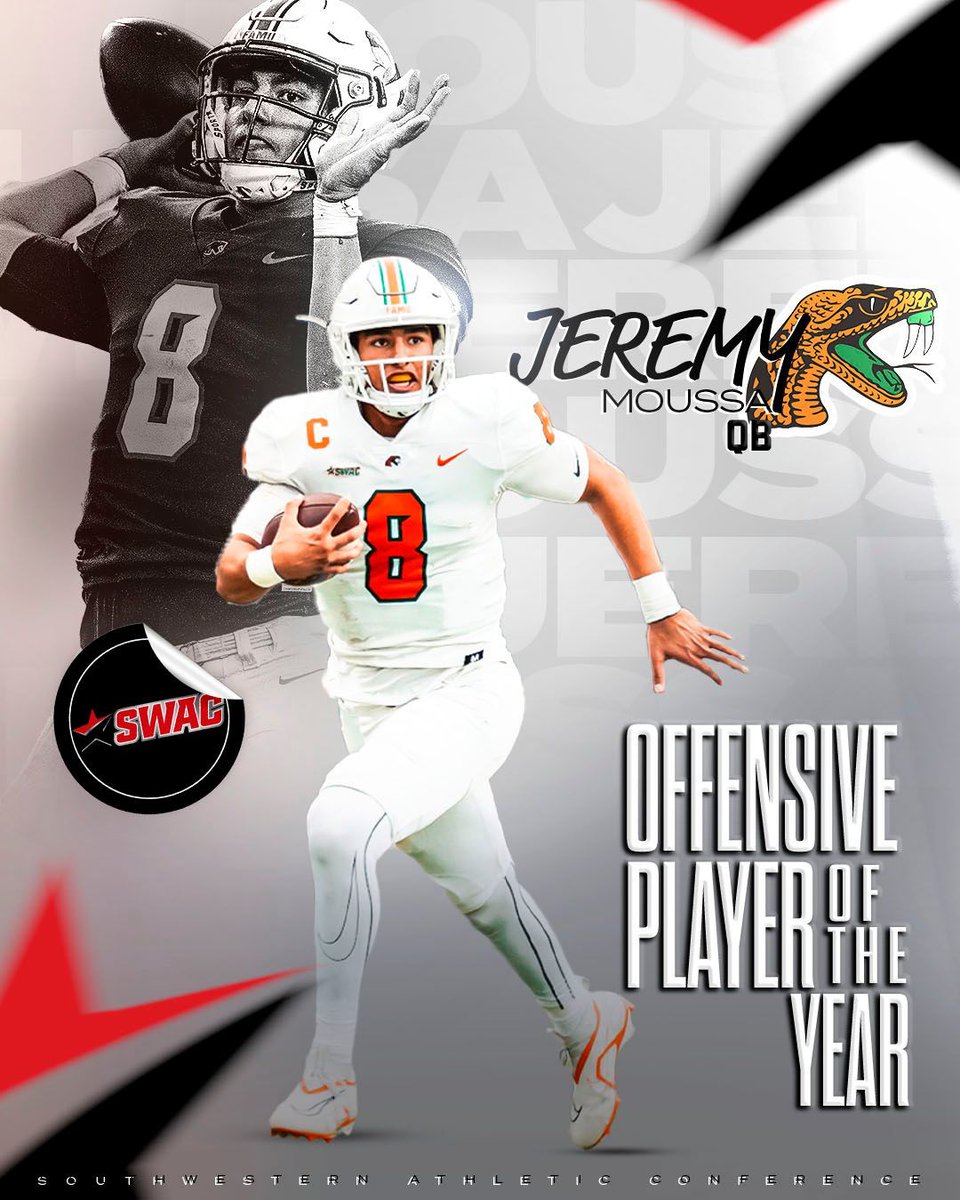 theswac's tweet photo. Congratulations to Florida A&amp;M’s (@famuathletics) Jeremy Moussa for being named the 2023 SWAC Football Offensive Player of the Year.

#SWACFB | #BuildingChampionsForLife https://t.co/hptruJxItR