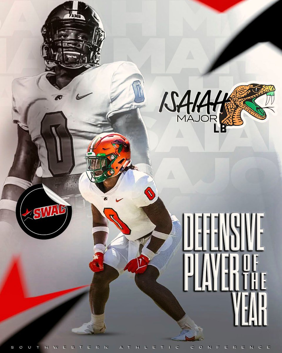 theswac's tweet photo. Congratulations to Florida A&amp;M’s (@famuathletics) Isaiah Major for being named the 2023 SWAC Football Defensive Player of the Year.

#SWACFB | #BuildingChampionsForLife https://t.co/9c9ekk2eYp