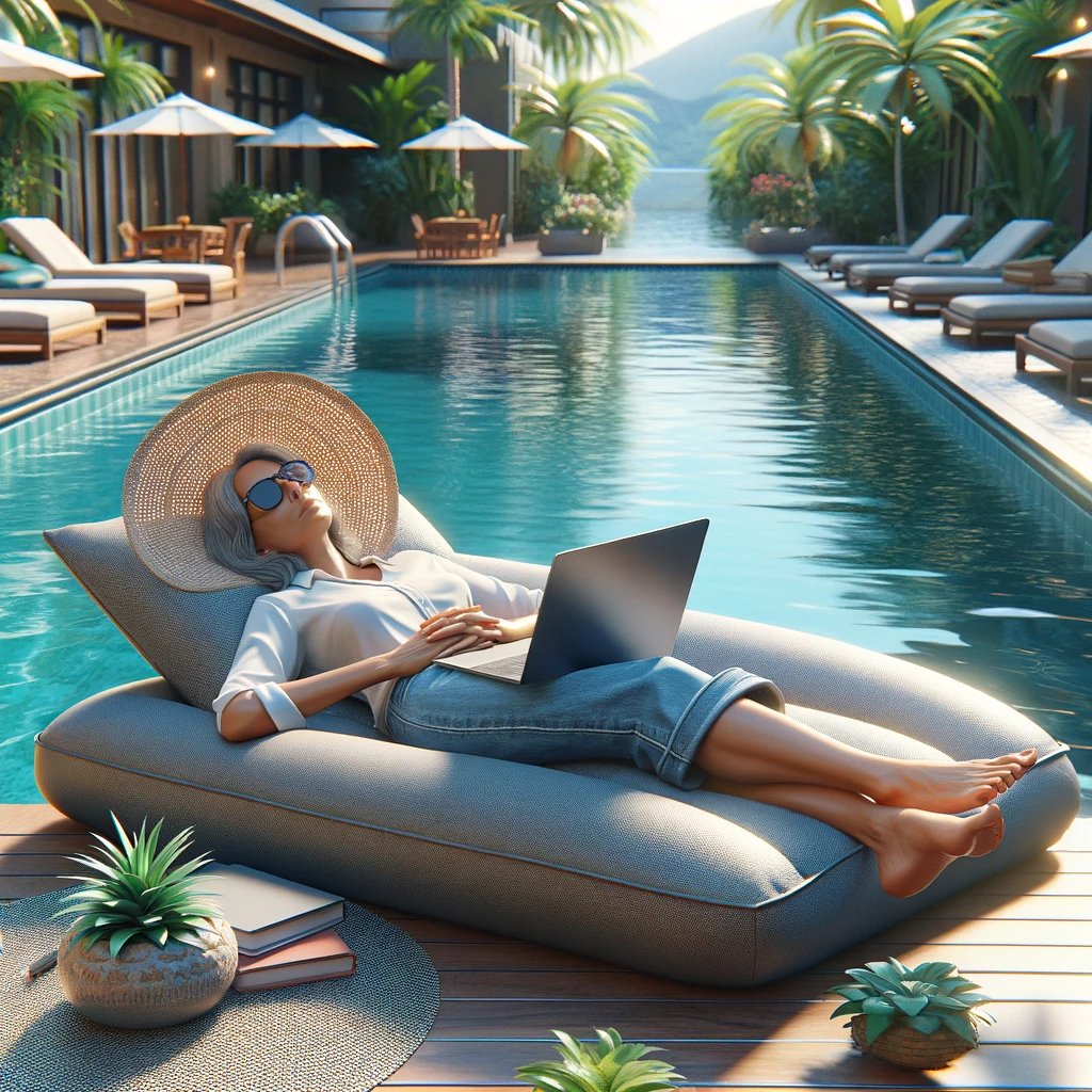 anothercohen's tweet photo. I asked ChatGPT to generate an image of a product manager working by the pool and continue to make them lazier and lazier https://t.co/jBVfmp5KX7