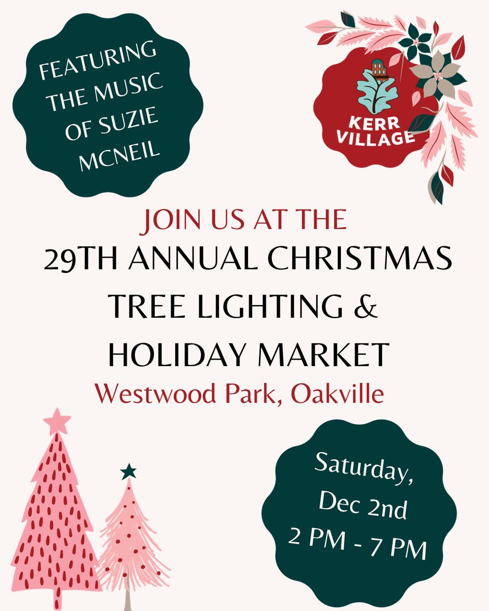 🔔 4 MORE DAYS 🔔  

The countdown is on! 🙌 Join us for the 29th Annual Kerr Village Christmas Tree Lighting &amp; Holiday Market on Saturday, December 2nd at Westwood Park! 🎄 

🎅 Learn more: buff.ly/3MPfTYw 

See you in #KerrVillage 🎁 #oakville