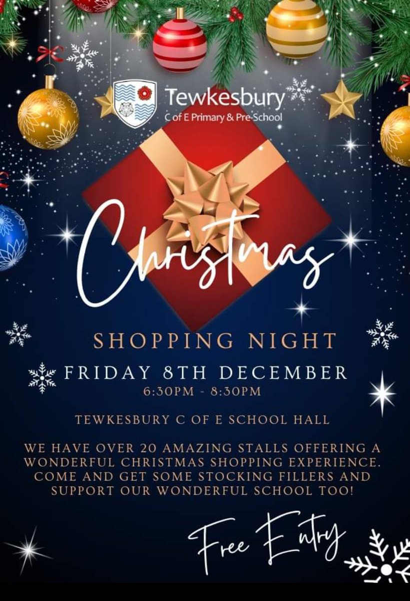 Christmas Night 🌟🎅☃️❄️🎁🛍️🛒
On Friday 8th, we will be welcoming over 25 stalls into our school hall offering incredible gift. Everyone welcome 😁
#PTFA #tewkesburyprimaryPTFA #TewkesburyPrimary #Shopping #TewkPriPTFARocks #gloucestershire #Cotswolds #tewkesbury #Christmas