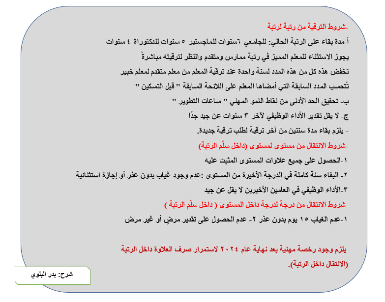 BadrAL_Balawi's tweet photo. #التخطيط_للترقية 
سابعًا  - الآن نتحدث عن شروط الترقية من رتبة لرتبة :
(طبعًا أول شرط وجود رخصة متطابقة مع رتبة الترقية )

أ-شروط ترقية المعلم وطريقة إتمام عناصرها وطلبها
ب-طريقة إضافة ساعات النشاط في نظام فارس : صلاحية الخدمة الذاتية = التطوير المهني للمعلمين
ج-طريقة إظهار ساعات التطوير المدخلة سابقًا
جميعا بالشرح هنا 👇
https://t.co/TXXxtytCED

د-هنا شرح تفصيلي لإضافة الأنشطة :
https://t.co/XroPfBpltX
و-هنا شروط قبول ساعات التطوير
https://t.co/WAJuer4RlU

ي-هنا طريقة إصدار الرخصة المهنية :
من الرابط التالي :
https://t.co/8kmVew9yWW
ثم عبر النفاذ الوطني ثم إصدار الرخصة تنعكس الرخصة خلال 3 أيام وإن تأخرت فتطلب عبر تواصل - وزارة التعليم من خلال فتح تذكرة وإرفاق صورة منها