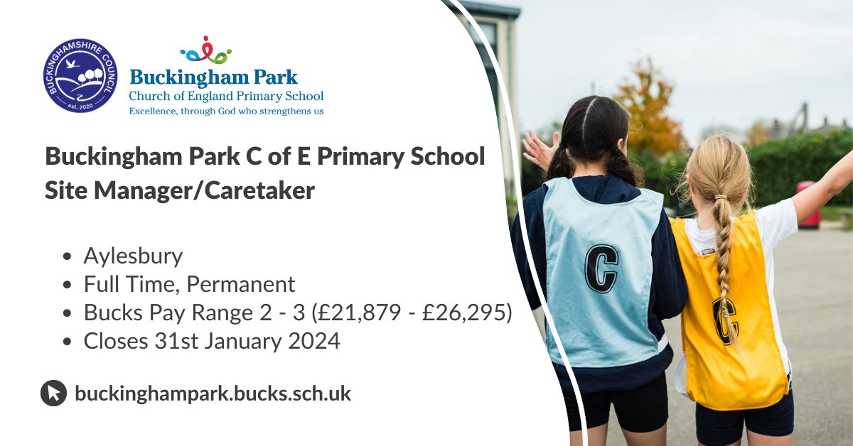 Buckingham Park CE Primary seeks a Site Manager to take pride in the appearance and maintenance of the school building and grounds, ensuring a pleasant working environment. Find out more here: jobs.buckinghamshire.gov.uk/job_detail/297…

#SchoolCaretaker #SchoolSiteManager#JobsinSchools #TeachBucks