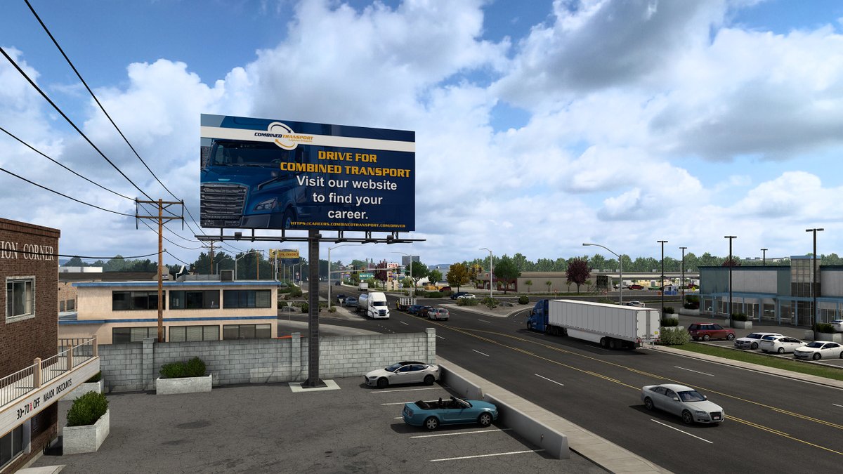CombinedTranspo's tweet photo. Exciting news! We're thrilled to show you our collaboration with American Truck Simulator. These three pictures of our billboards were captured within the game. Keep an eye out for our logo while you drive the virtual highways! #AmericanTruckSimulator #combinedtransport https://t.co/r9iI2Bv4R2