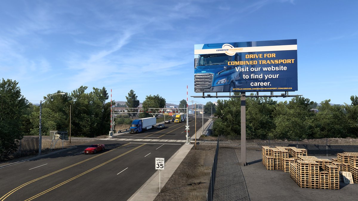 CombinedTranspo's tweet photo. Exciting news! We're thrilled to show you our collaboration with American Truck Simulator. These three pictures of our billboards were captured within the game. Keep an eye out for our logo while you drive the virtual highways! #AmericanTruckSimulator #combinedtransport https://t.co/r9iI2Bv4R2