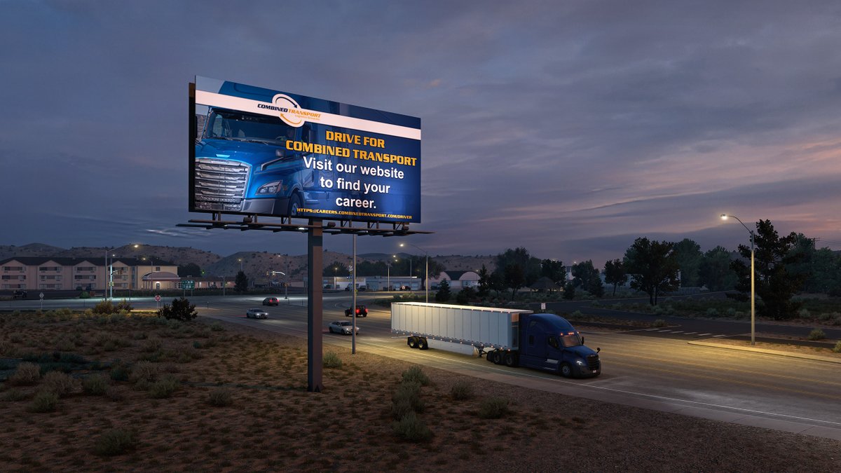 CombinedTranspo's tweet photo. Exciting news! We're thrilled to show you our collaboration with American Truck Simulator. These three pictures of our billboards were captured within the game. Keep an eye out for our logo while you drive the virtual highways! #AmericanTruckSimulator #combinedtransport https://t.co/r9iI2Bv4R2