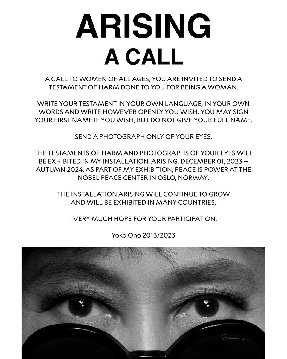 NobelPeaceOslo's tweet photo. AS PART OF HER EXHIBITION AT NOBEL PEACE CENTER, YOKO ONO HAS A CALL TO ALL WOMEN
https://t.co/LhESJHoAVs
@yokoono https://t.co/rgXEFl1GQC