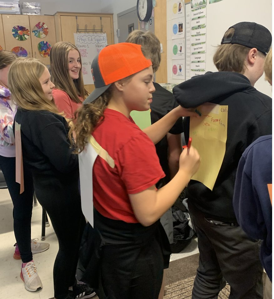 Students had a piece of paper taped onto their back. They were instructed to walk around the room and write anonymous positive things about every other person, without looking at their own until the end. This activity came with loads of smiles and lots of laughter!!