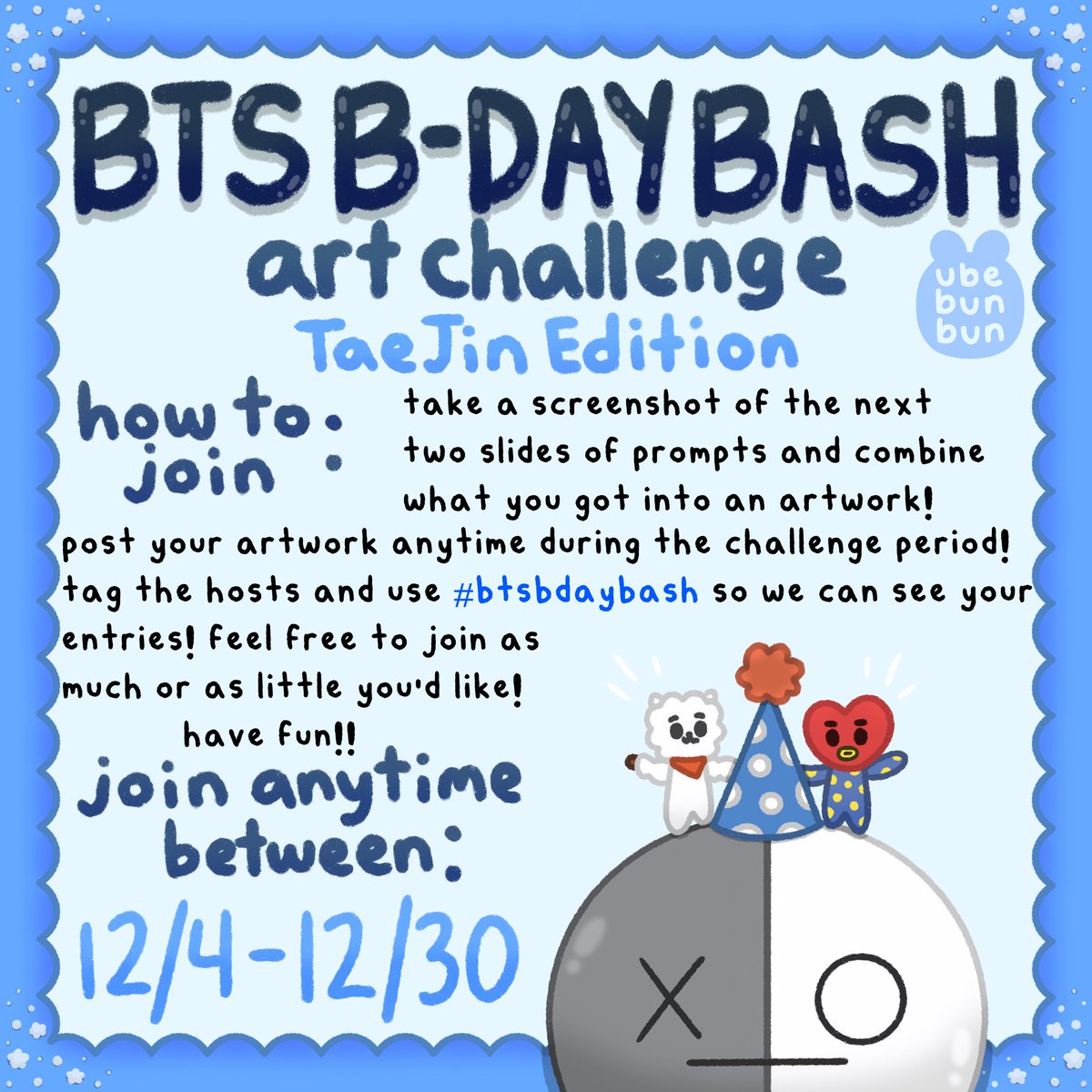 ubebunbun's tweet photo. TaeJin bday bash prompts are here! 🥰 the challenge is mainly on Ig but wanted to share here in case anyone wanted to celebrate as well! 💜

#TAEHYUNG #SEOKJIN #taejin #btsartist #btsart #btsfanart #btsarmy https://t.co/zfkMjKwRTK