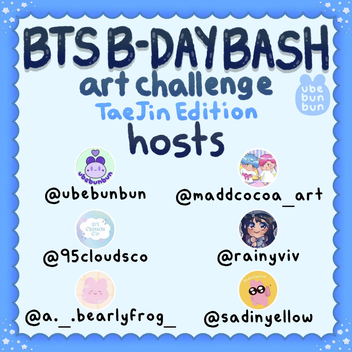 ubebunbun's tweet photo. TaeJin bday bash prompts are here! 🥰 the challenge is mainly on Ig but wanted to share here in case anyone wanted to celebrate as well! 💜

#TAEHYUNG #SEOKJIN #taejin #btsartist #btsart #btsfanart #btsarmy https://t.co/zfkMjKwRTK