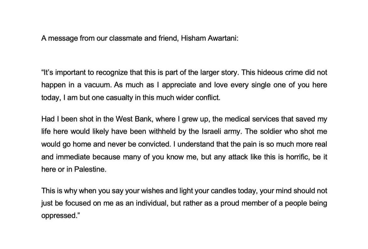 A message from Hisham Awartani, the #BrownUniversity student who was shot in a hate crime in Vermont.