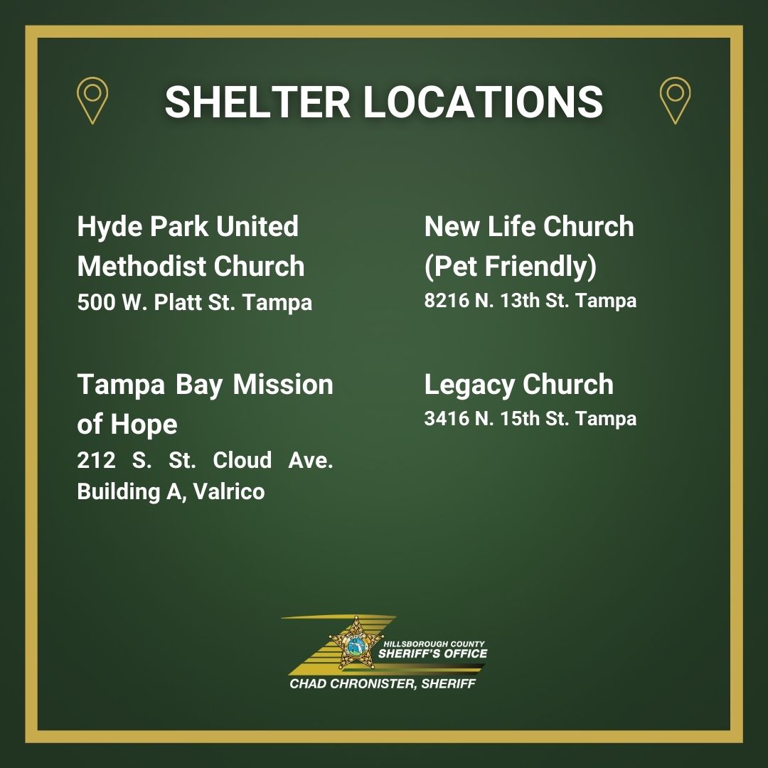 𝐂𝐨𝐥𝐝 𝐖𝐞𝐚𝐭𝐡𝐞𝐫 𝐒𝐡𝐞𝐥𝐭𝐞𝐫𝐬
The cold weather shelters in Hillsborough County are scheduled to open tonight, Tuesday, November 28, at 6 p.m., offering shelter to the homeless and individuals in homes lacking adequate heating who cannot find accommodations.
Please be