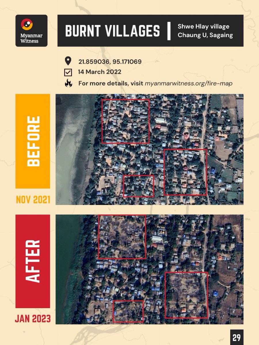 🔥 #Sagaing, Shwe Hlay village in Chang U Town on 14.3.2022.
In the series #MWBurntVillages, Myanmar Witness features satellite imagery that reveals fire destruction in multiple villages throughout the last few years.

#2023Nov28Coup 
#WhatsHappeningInMyanmar
#WarCrimesOfJunta