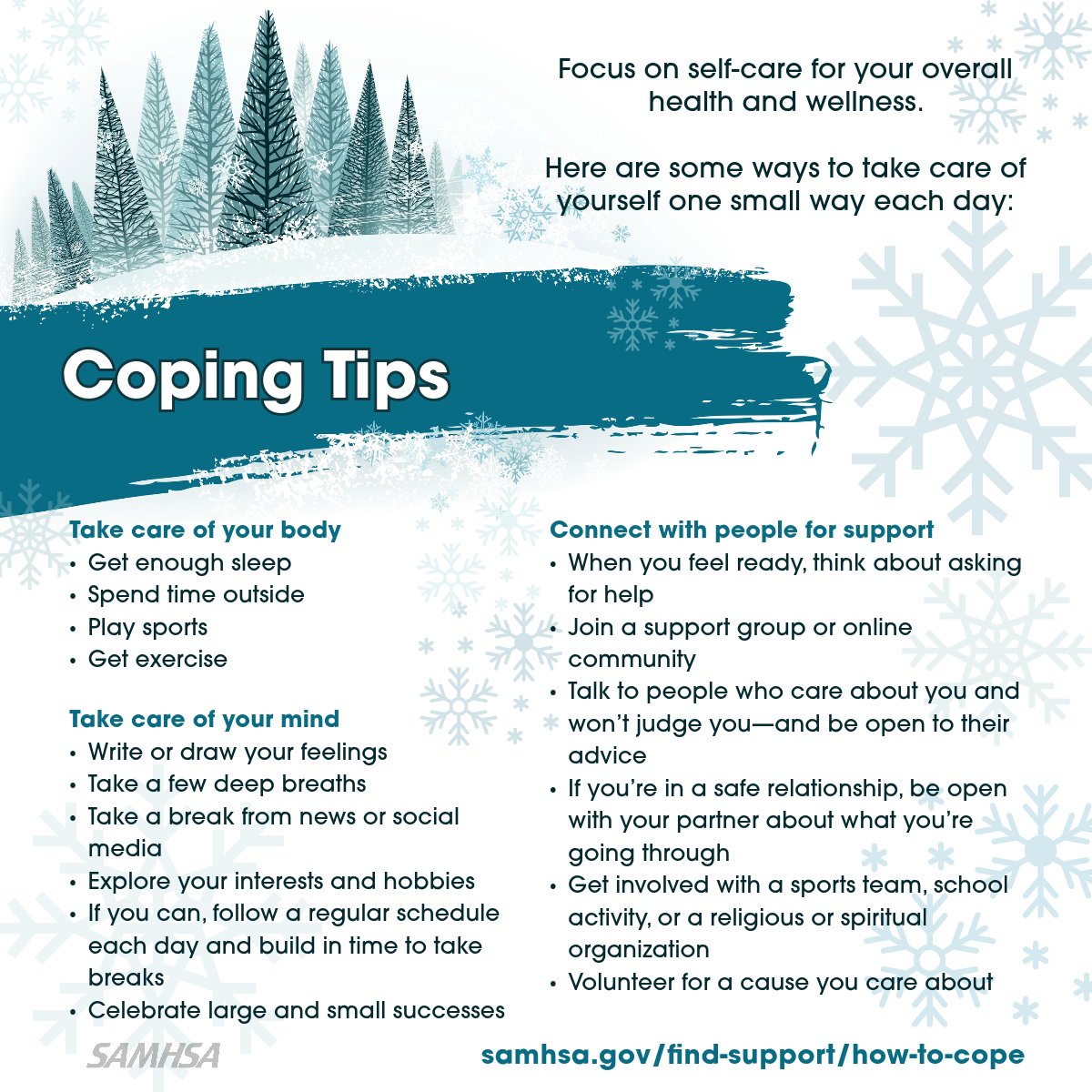 Feeling stressed? Take care of yourself this season. 
That includes taking care of your overall mental and behavioral health. Learn some ways to take care of yourself one small way each day: samhsa.gov/find-support/h…