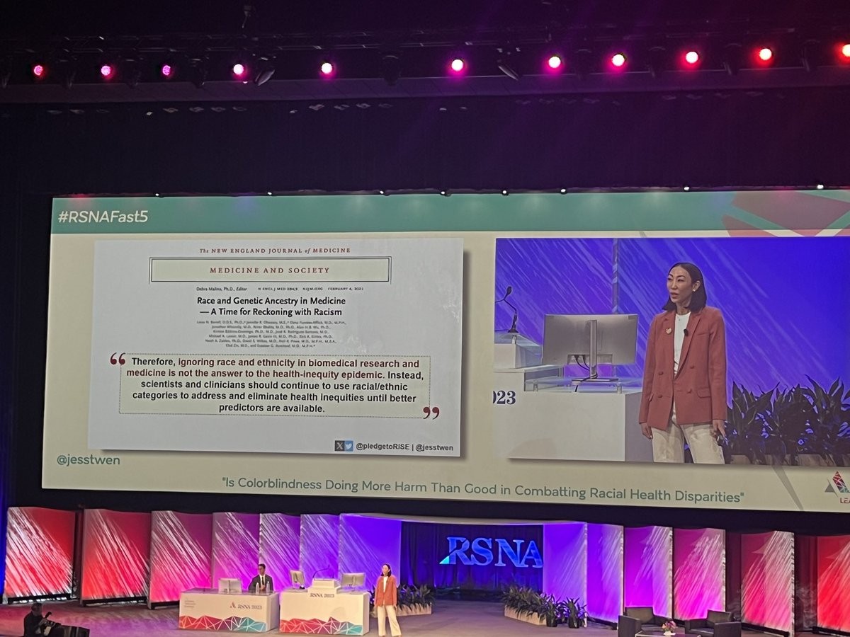 “Colorblindness [in healthcare] is harmful.” —@JessTWen A discussion of how ignoring race and ethnicity is not the answer to eliminating racism, but rather causes disparities in healthcare. #RSNA23 #RSNA2023 @nejm @rsna